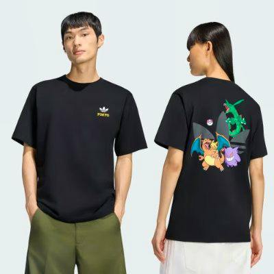 Front and back views of a black men's Pokémon T-shirt with a small "TOKYO" logo on the front and colorful Pokémon characters printed on the back, shown on models.
