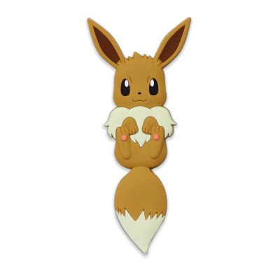 A plastic hook shaped like the Pokémon Eevee showing its full body and tail on a white background.