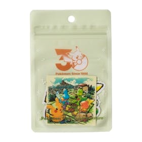 Resealable clear pouch containing the Pokémon Timeless Adventure sticker set with Pikachu and other Hoenn-themed stickers visible.