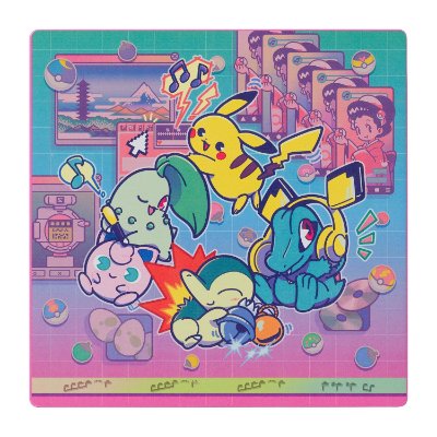 Product artwork showing Pokémon characters (Pikachu, Cyndaquil, Totodile, Jigglypuff, and Chikorita) on a colorful square design.