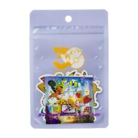 A resealable lavender pouch with a clear window showing multiple Pokémon stickers inside.