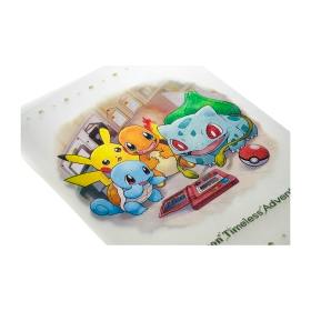 Close-up of an A4 clear file folder showing Pokémon artwork with Pikachu, Charmander, Squirtle, and Bulbasaur.