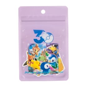 Lavender resealable pouch displaying the Pokémon Timeless Adventure sticker set with Pikachu, Piplup, and other Sinnoh-era characters.