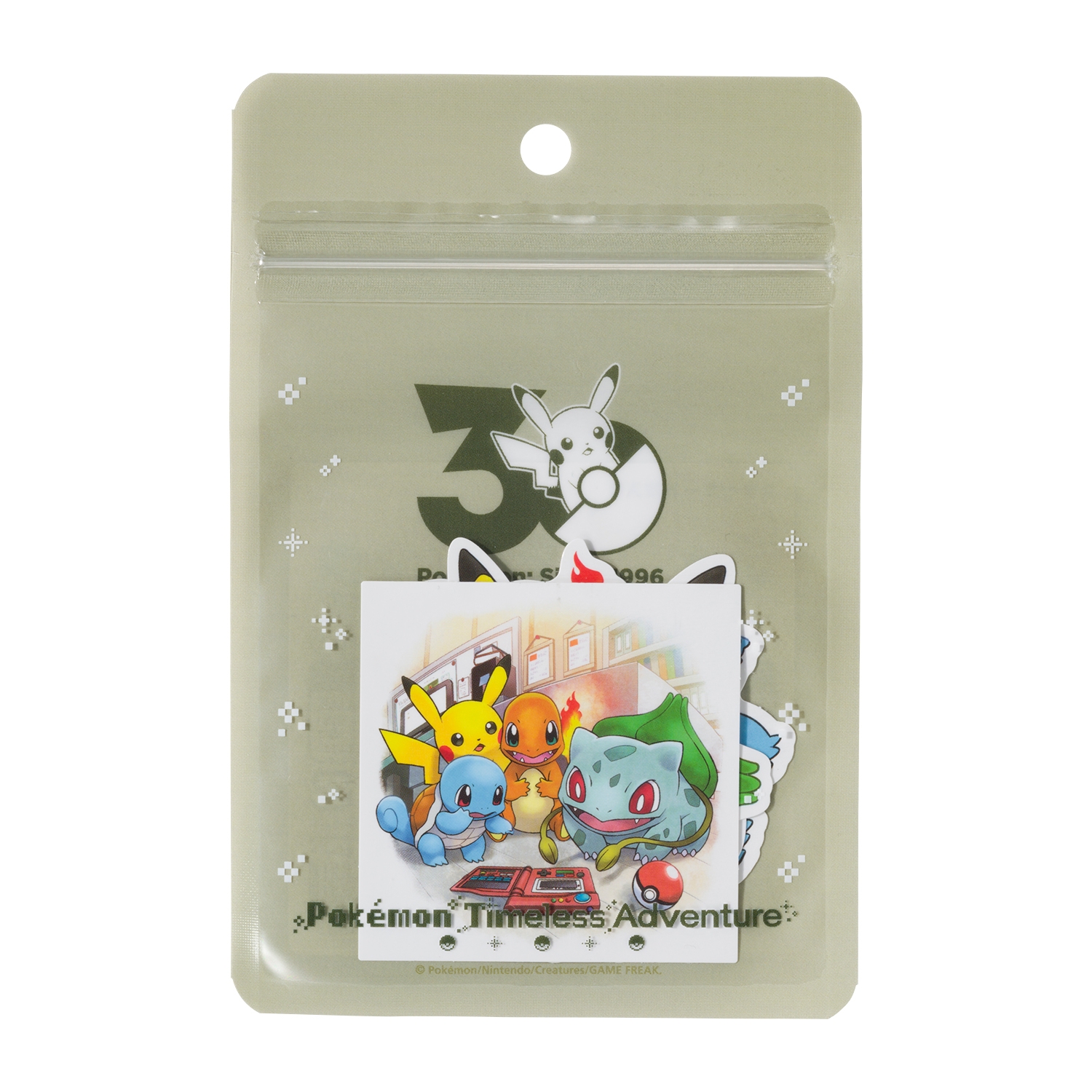 A clear resealable plastic pouch labeled “Pokémon Timeless Adventure” showing stickers of Pikachu, Charmander, Squirtle, and Bulbasaur.
