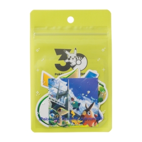 A yellow-green resealable pouch showing multiple Pokémon Timeless Adventure stickers inside, visible through clear packaging.