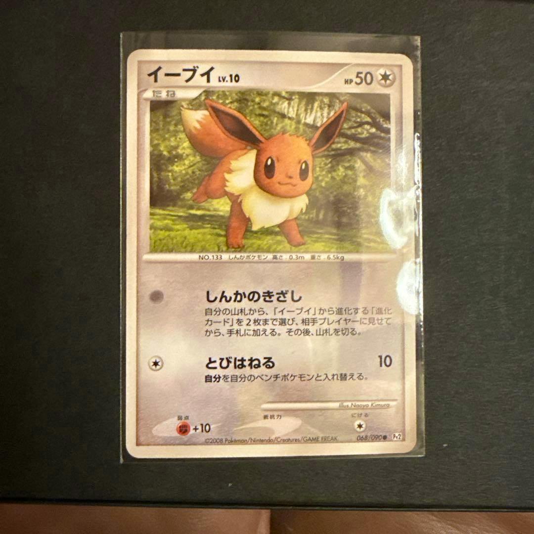 Sleeved Pokémon trading card featuring Eevee with Japanese text photographed on a black background.