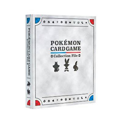A white Pokémon Card Game collection binder front cover showing the title “POKÉMON CARD GAME Collection File” and three small Pokémon silhouettes.