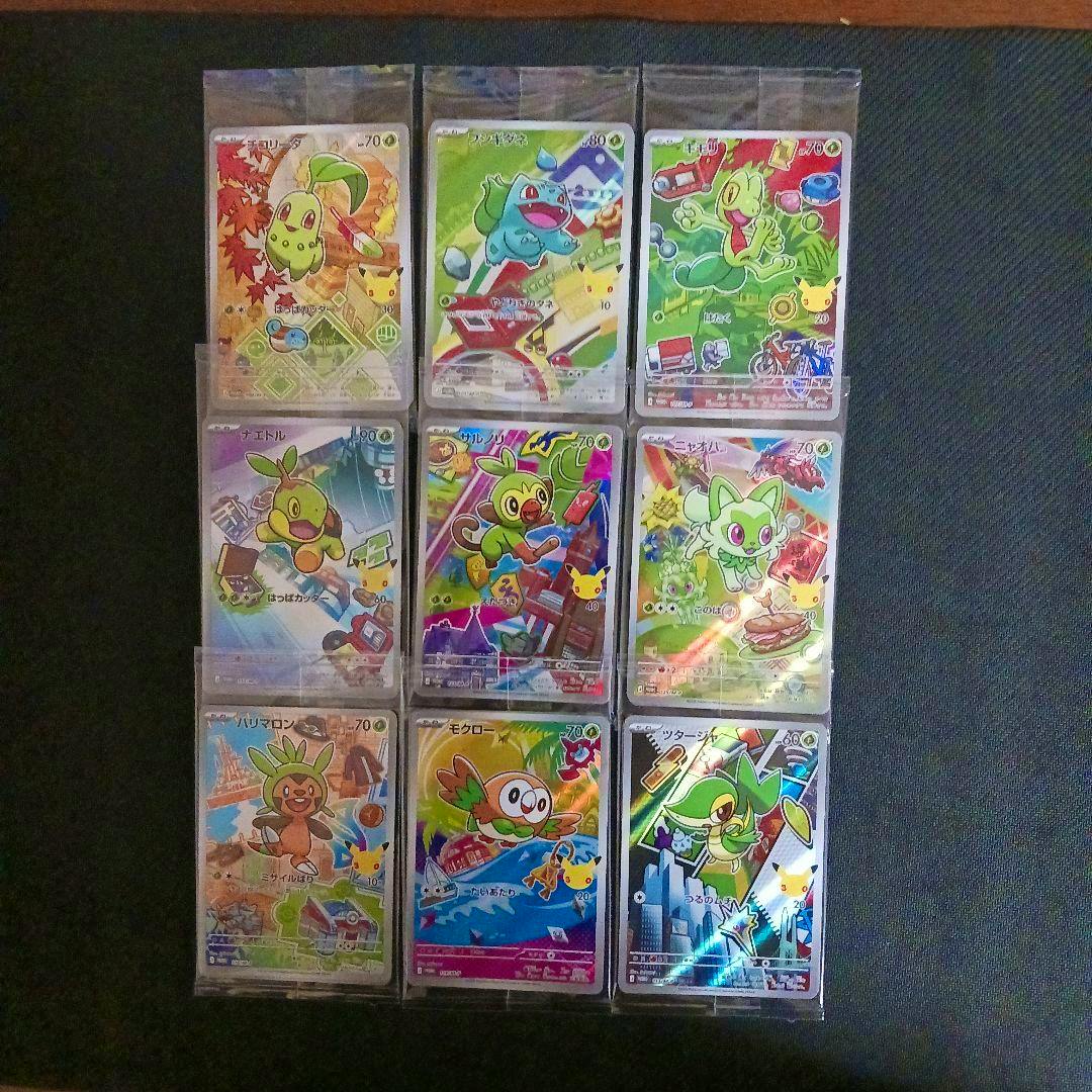Nine Pokémon trading cards in protective sleeves arranged in a 3x3 grid with the card fronts visible.