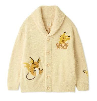 Cream shawl-collar button-up cardigan featuring Pokemon jacquard designs on the front and sleeve.