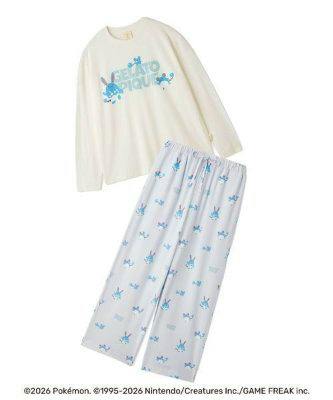 A cream long-sleeve Pokémon top paired with white patterned long pants pyjama set displayed on a white background.