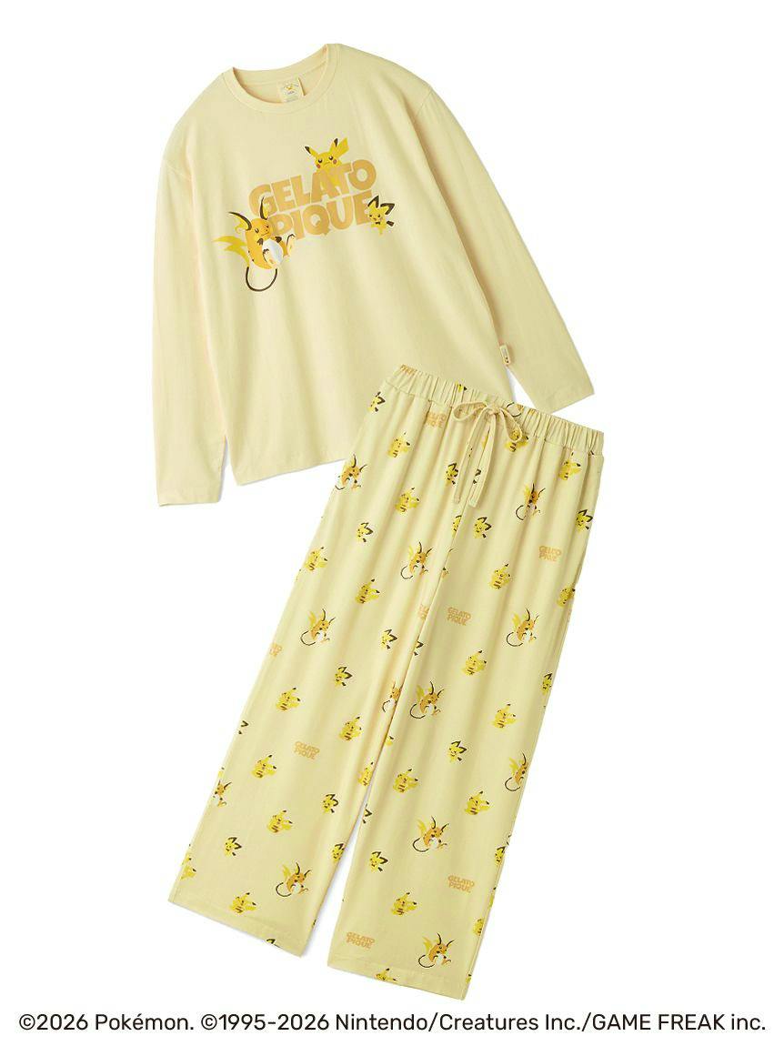 A light yellow long-sleeve top and matching long pants pajama set featuring Pikachu prints and a chest logo.