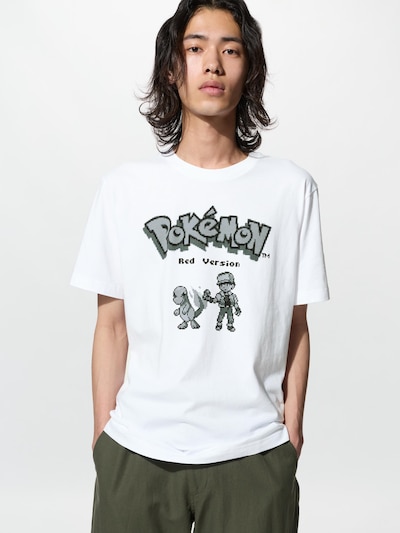 Male model wearing a white men's cotton Pokémon UT T-shirt showing a front 'Pokémon Red Version' pixel-art print.