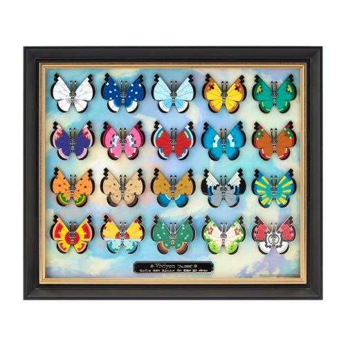 Framed display showing a set of 20 Vivillon butterfly pins arranged in a 4x5 grid with varied colors and patterns.