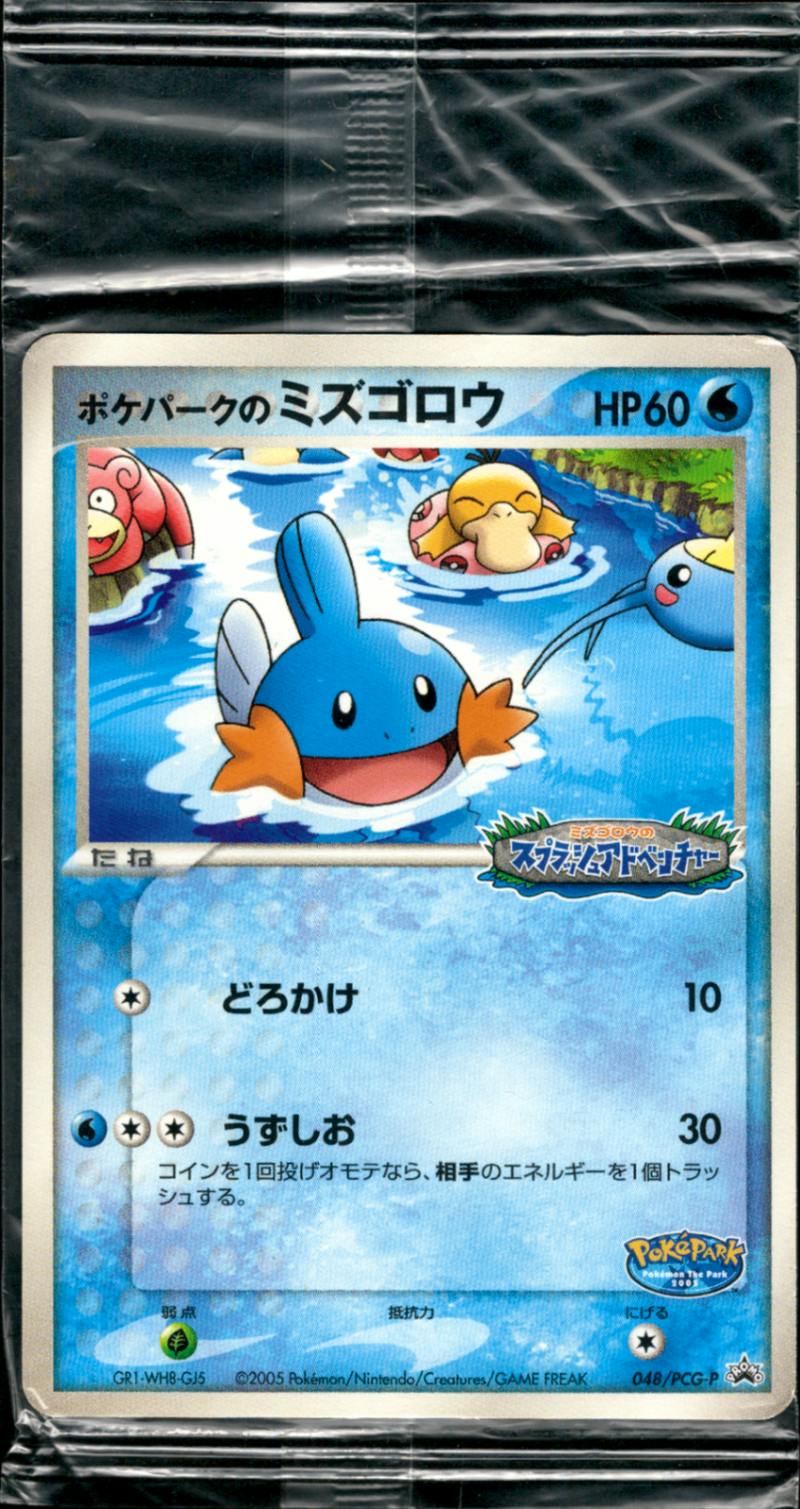 Front of the promotional Mudkip (ミズゴロウ) Pokémon trading card in a clear sealed sleeve, showing the card artwork and Japanese text.