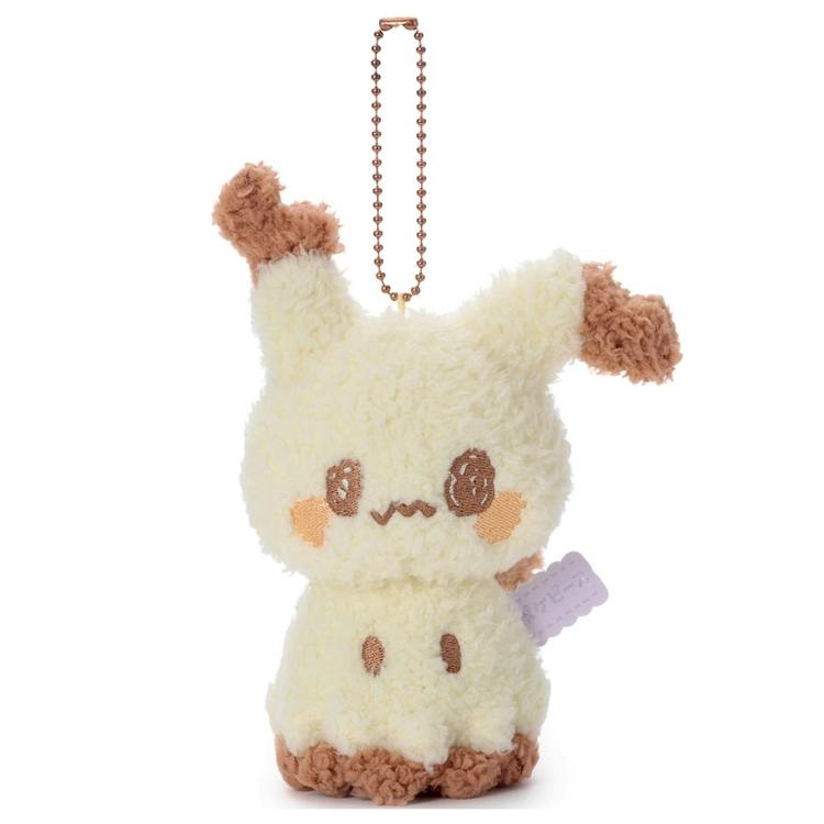 Cream-and-brown Mimikyu plush keychain with a ball chain attached, shown front on a white background.