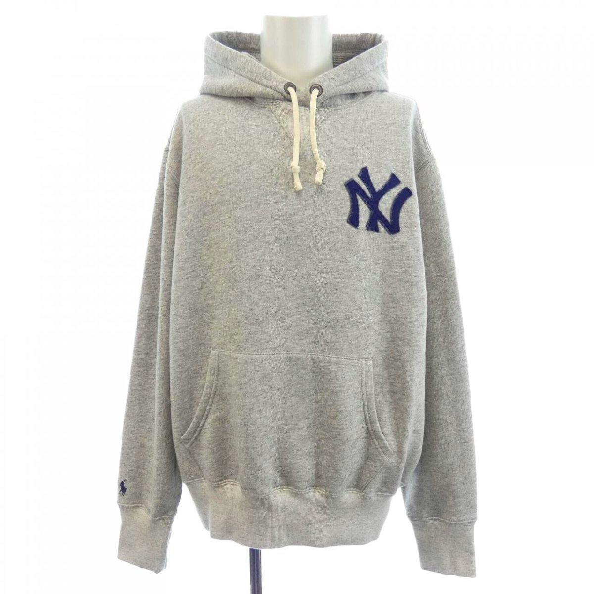 Gray POLO RALPH LAUREN New York Yankees cotton hoodie shown front-on with hood, drawstrings, kangaroo pocket, and NY logo on the chest.
