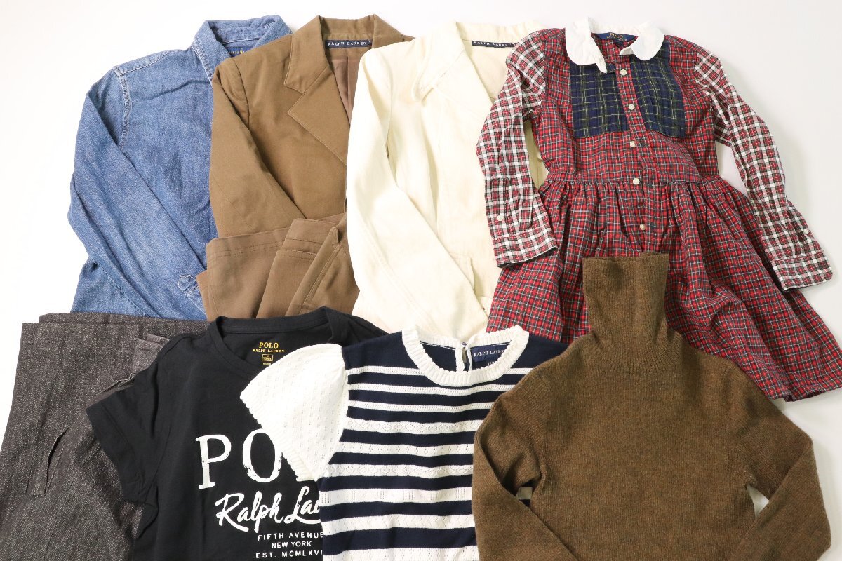 Multiple Polo Ralph Lauren garments (jackets, shirts, a dress, a skirt and knit tops) laid flat on a white background.