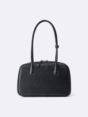 Front view of a black polyester boston bag with two shoulder straps and a top zipper against a light background.