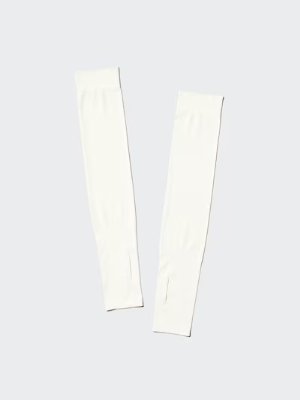 Two white polyester glove/arm sleeves laid flat on a light background.