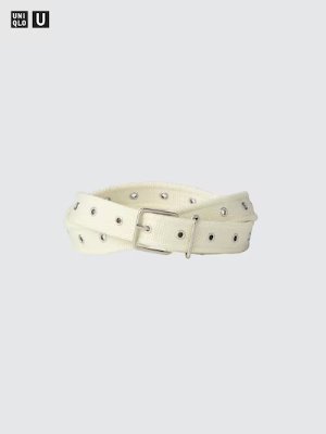 White tape belt with metal buckle and metal eyelet studs displayed on a light background.