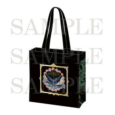 Black polyester tote bag with long handles and a decorative framed butterfly-like design on the front, shown on a white background with SAMPLE watermark.
