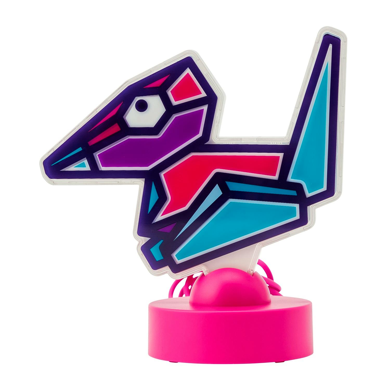 Neon-style polygon bird LED table lamp showing a colorful geometric light panel mounted on a pink round base.