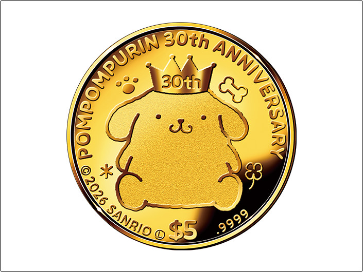 Gold commemorative coin featuring Pompompurin wearing a crown with “POMPOMPURIN 30th ANNIVERSARY” inscription.