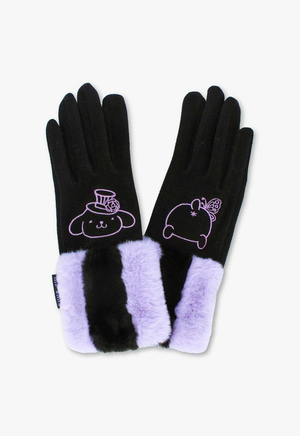 Black Pompompurin fur-trimmed smartphone-compatible gloves with lavender faux-fur cuffs and embroidered character outlines.