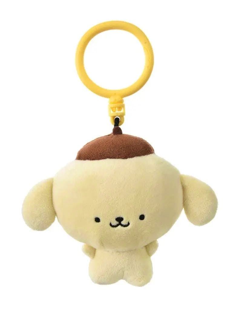 Front view of a Pompompurin plush keychain with a yellow plastic ring attached.