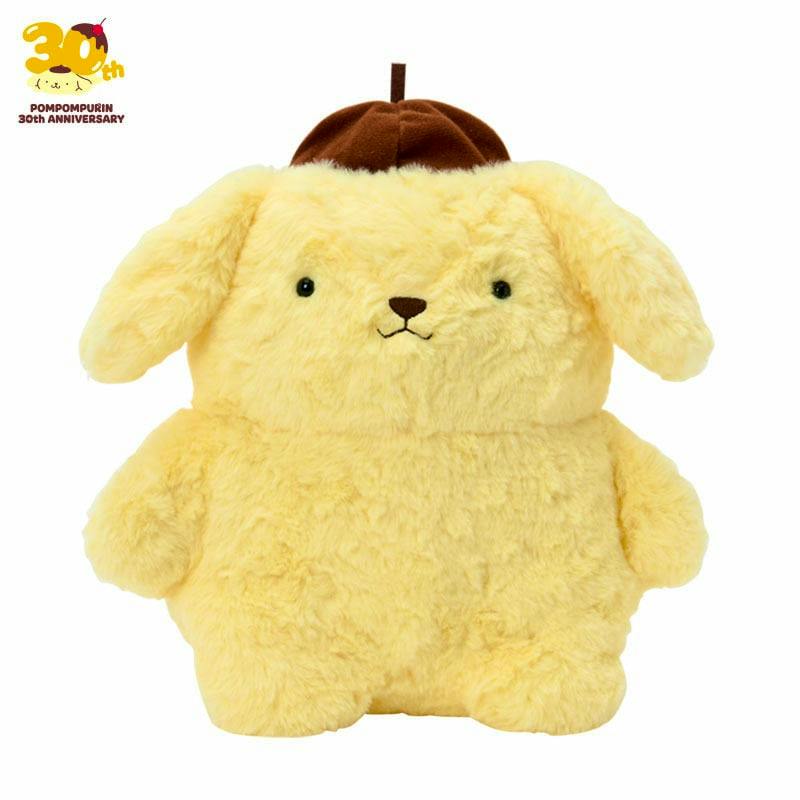 Front view of the Pompompurin M plush toy showing its face, floppy ears, and brown beret.