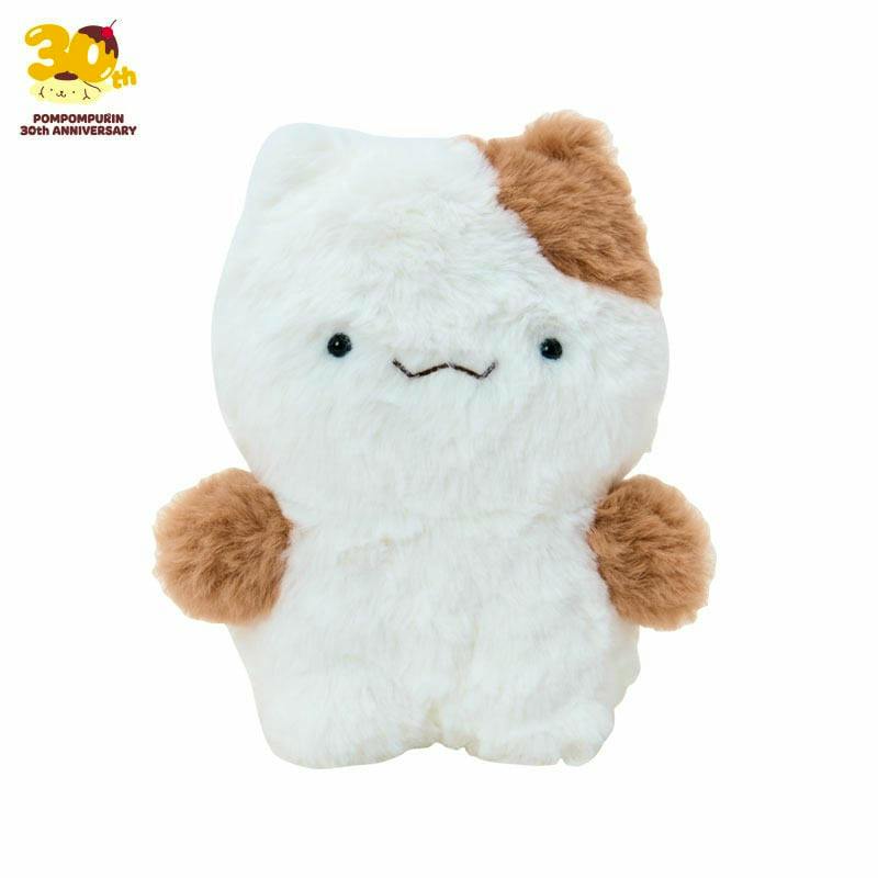 Front view of the Pompompurin plush toy showing white and brown fur and its small stitched face on a white background.