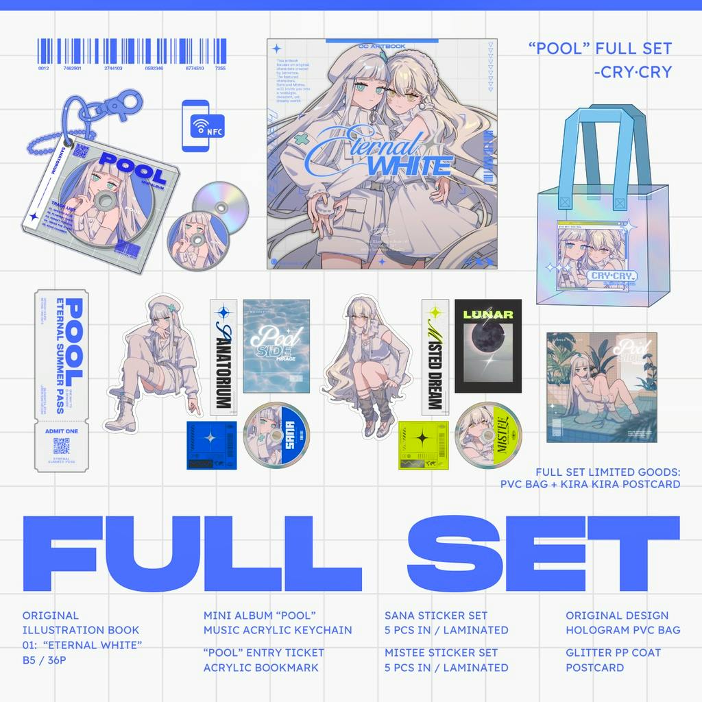 Flatlay mockup of the “POOL” full set showing the illustration book cover alongside stickers, acrylic keychain, mini CD, and a holographic PVC bag.