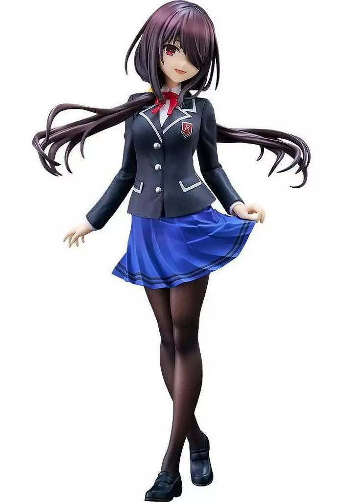 Painted plastic figure of Tokisaki Kurumi in a school uniform with a blue skirt and black tights shown full-body from the front.