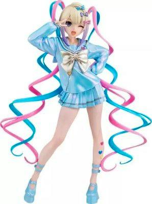Full-body image of the painted plastic figure 'Tenshi-chan' from NEEDY GIRL OVERDOSE in a blue sailor-style outfit with long pink and blue twintails.