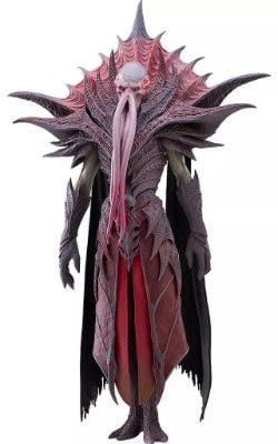 Full-body photograph of the painted plastic POP UP PARADE SP "The Emperor" figure from Baldur's Gate 3 showing the character's ornate spiked collar, long cloak, and tentacle-like facial appendages.