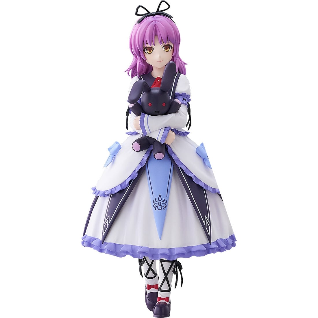 Front view of the POP UP PARADE figure of Ren wearing a white and purple dress and holding a black plush, photographed on a white background.