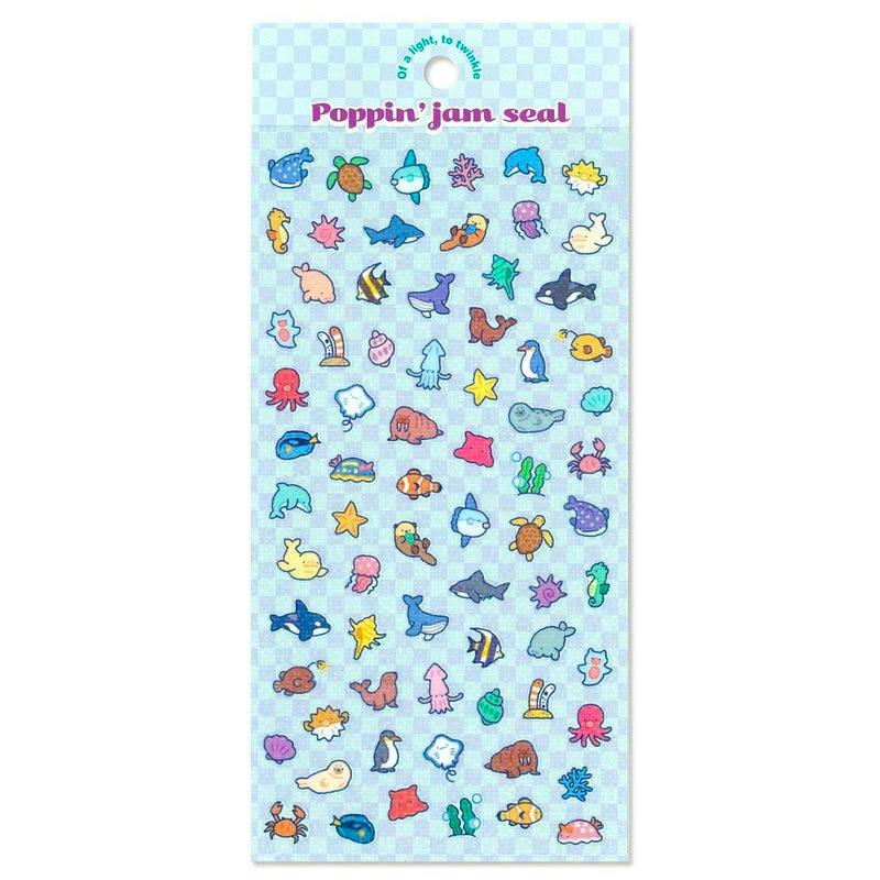 A sheet of paper stickers labeled "Poppin' jam seal" featuring many small colorful marine life illustrations on a light blue checkered backing.