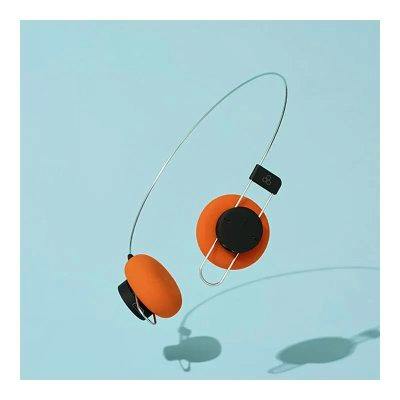 Orange earphones with a thin metal headband shown against a light blue background.