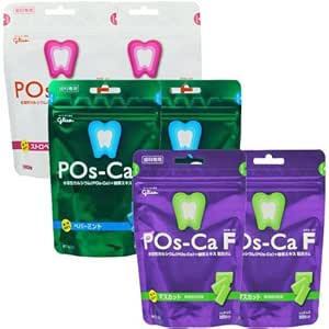 Six resealable bags of Posca F dental chewing gum (two peppermint, two muscat, two strawberry) shown in white, green, and purple packaging.