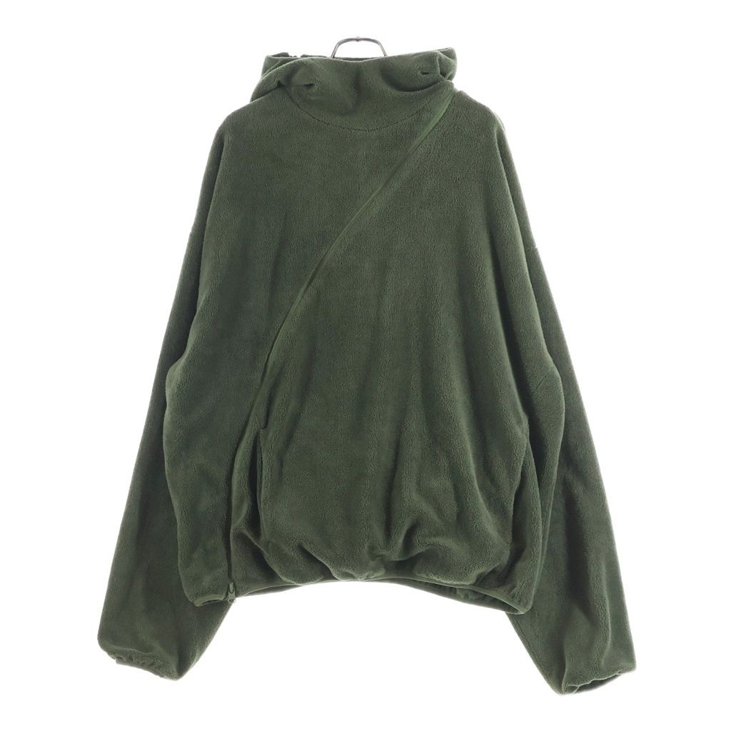 Olive polyester fleece hoodie jacket displayed hanging on a hanger against a white background.