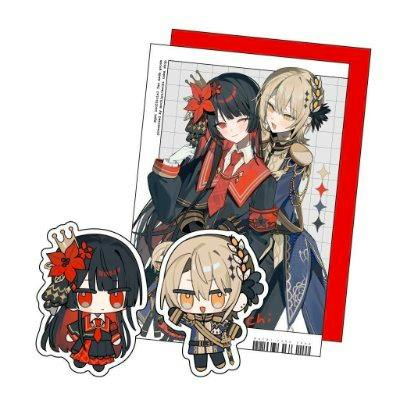 A postcard and two character stickers featuring illustrated anime-style characters, one dark-haired and one light-haired.