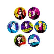 Eight round glitter can badges showing illustrated villain characters on colorful backgrounds.
