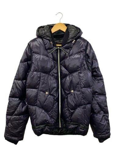 Front view of a men's polyester puffer (down) jacket with hood and zipper hanging on a hanger.