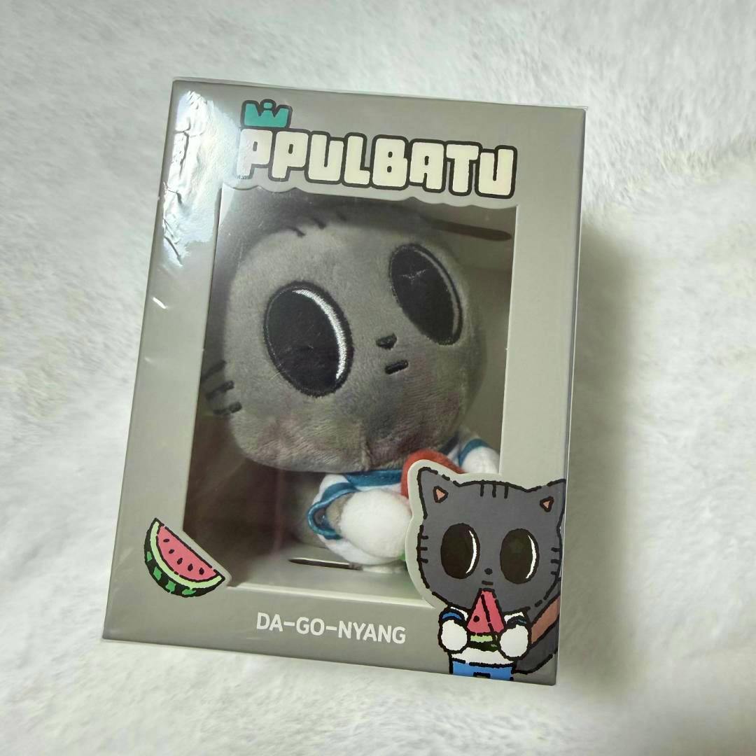 A PPULBATU plush toy (DA-GO-NYANG) visible through the front window of its display box with watermelon illustrations.