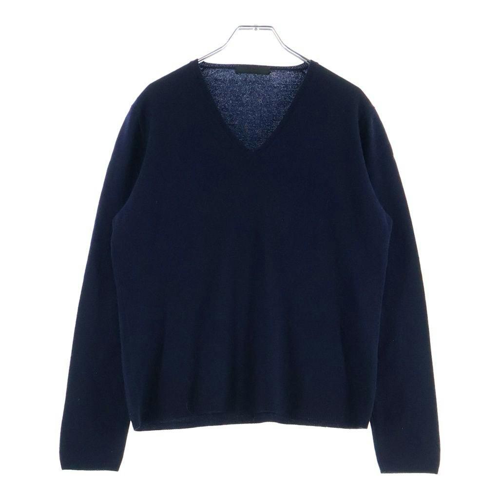 Front view of a navy PRADA V-neck cashmere knit sweater on a hanger.