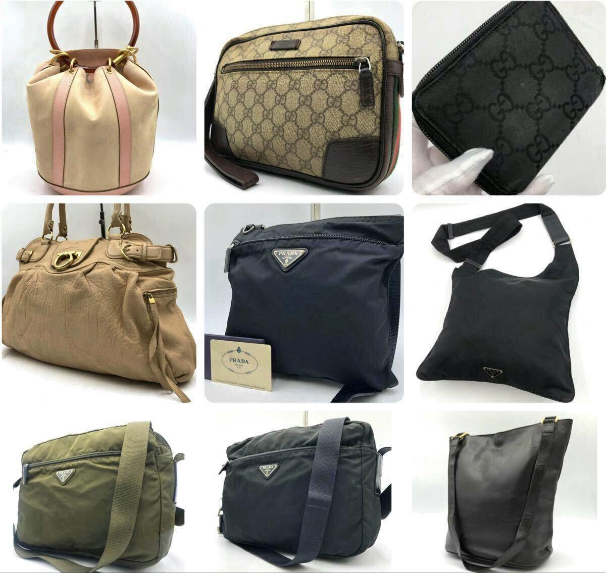 Collage image showing nine bags and wallets from brands including Prada, Gucci, Salvatore Ferragamo, and Bottega Veneta.