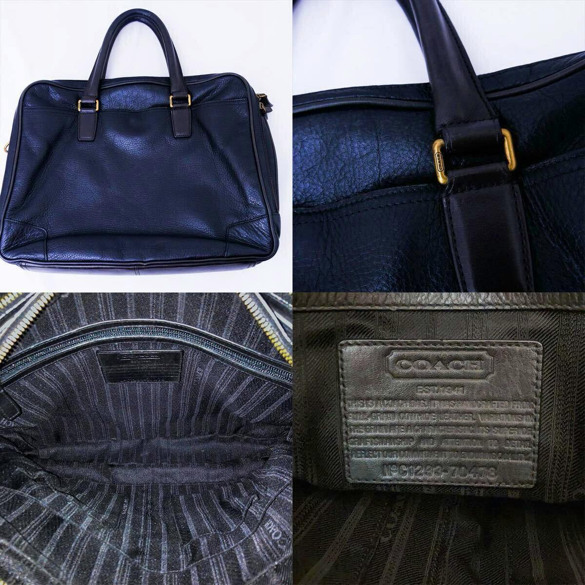 Four photos of a black Coach leather bag showing the front, a handle/hardware close-up, the striped interior, and the Coach leather label with serial number.