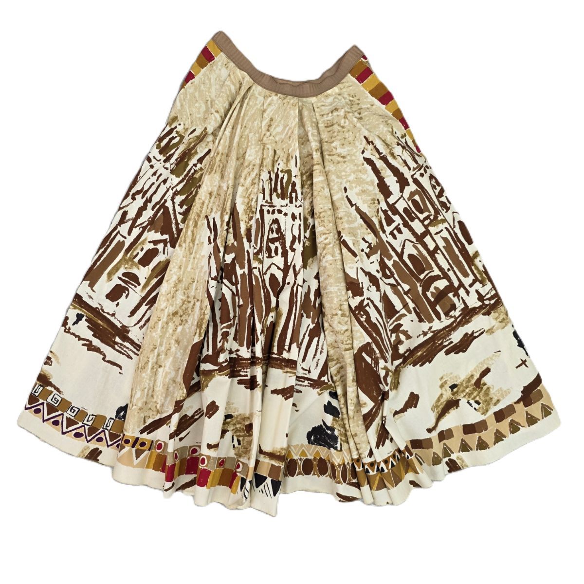 PRADA women's long patterned cotton skirt laid flat showing full print and waistband.