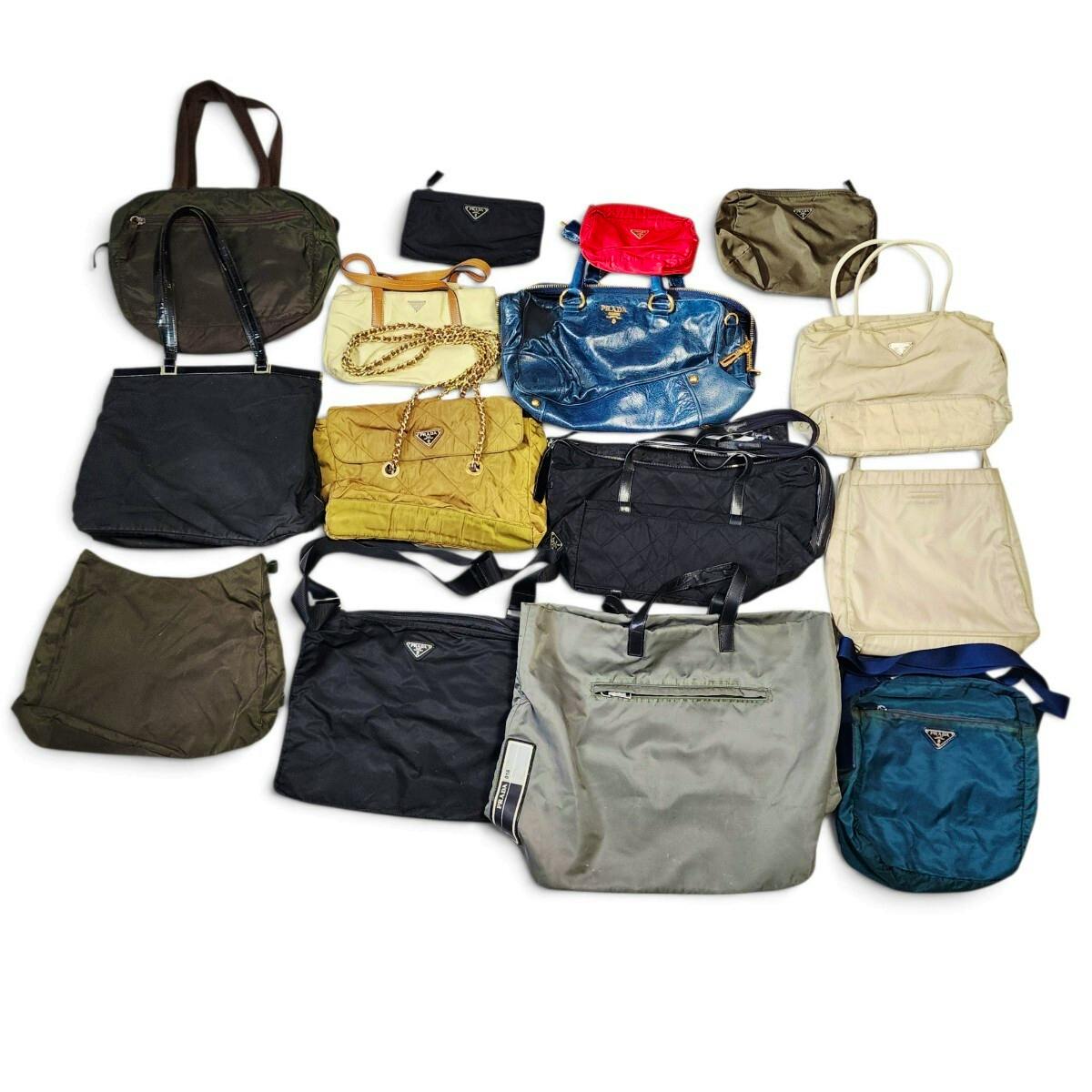 A collection of PRADA nylon bags and pouches in various colors arranged on a white background, several showing triangular logo plates.
