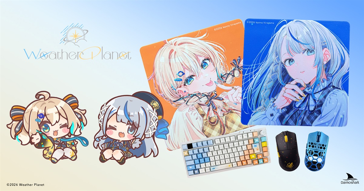 Photo showing the PC keyboard with themed keycaps displayed alongside two illustrated mousepads, two mice, and two character charms from the Weather Planet collaboration.